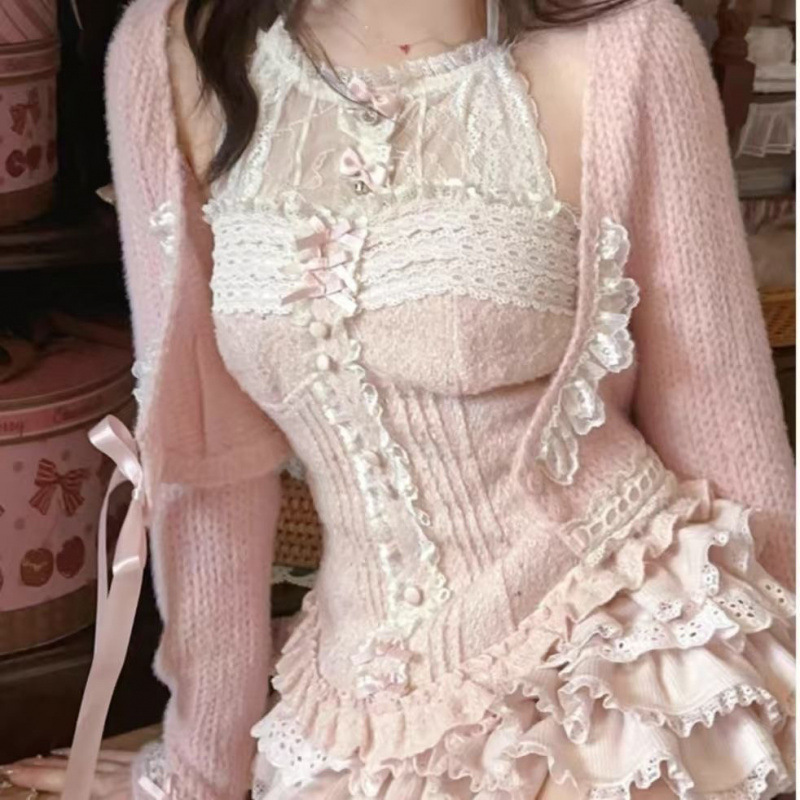 【】秋春夏甜美少女长袖秋季蝴蝶结针织新款套装开衫蛋糕上衣|undefined