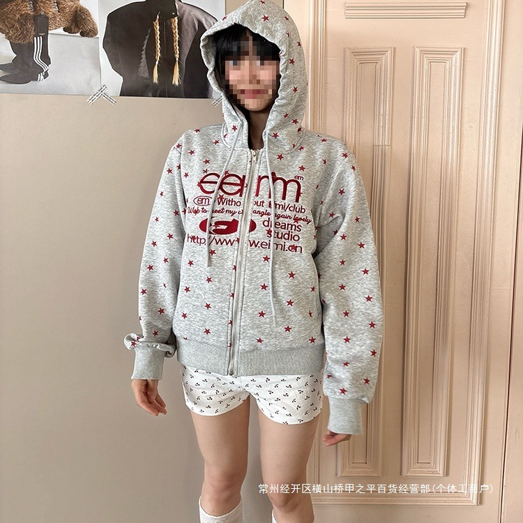 Axis Mundi美式复古波点字母印花连帽开衫卫衣5早秋新衣花灰色|undefined