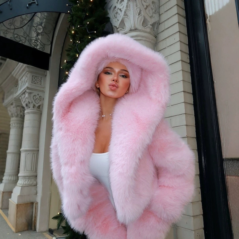 Jacket Women's Plush Top Winter Pink Coat Street Style Pink Faux Fur Fox Fur Hooded Coat Fur Coat Jacket Women's Plush Top Winter Pink Coat Street Style Pink Faux Fur Fox Fur Hooded Coat Fur Coat