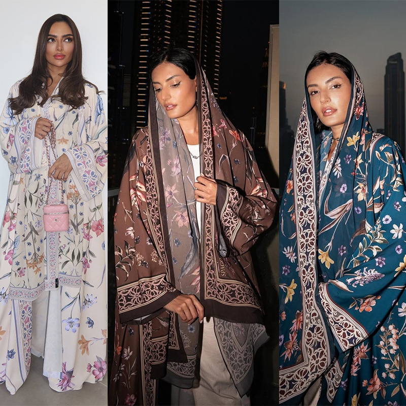 Cross-border Women's Fashion Printed Muslim Cardigan Robe, Middle Eastern Arab Dubai Outfit With Headscarf, Loose Fit_ecoleips.com