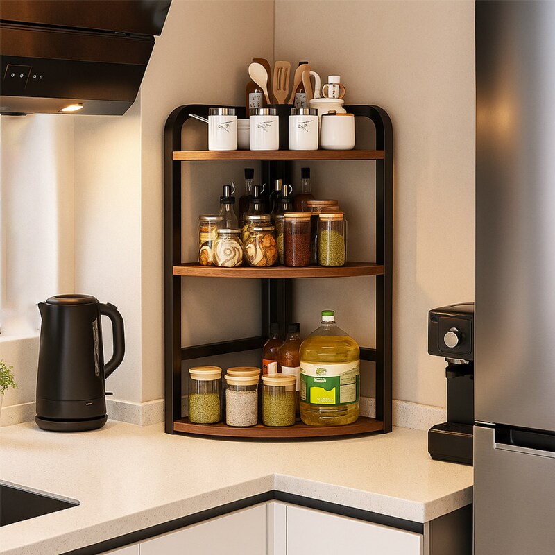 Kitchen Condiment Storage Rack Countertop Corner Tripod Oil Salt Sauce Vinegar Storage Rack Household Mobile Condiment Rack
