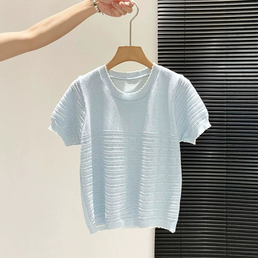Áo thun nữ tay ngắn dệt kim phối xếp nếp phong cách Hàn Quốc — màu xanh nhạt chi tiết 1