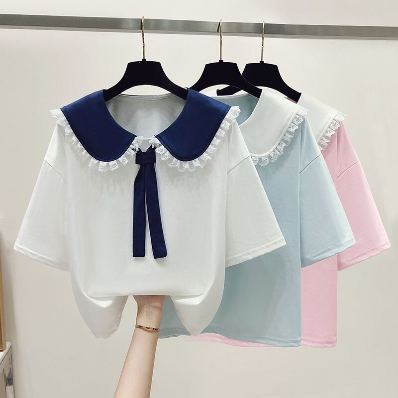 Fresh and Simple Lace Doll Collar Short-Sleeve Shirt for Women, Summer Loose Fit, Tummy-Covering, College-Style Navy Top, New Model Fresh and Simple Lace Doll Collar Short-Sleeve Shirt for Women, Summer Loose Fit, Tummy-Covering, College-Style Navy Top, New Model