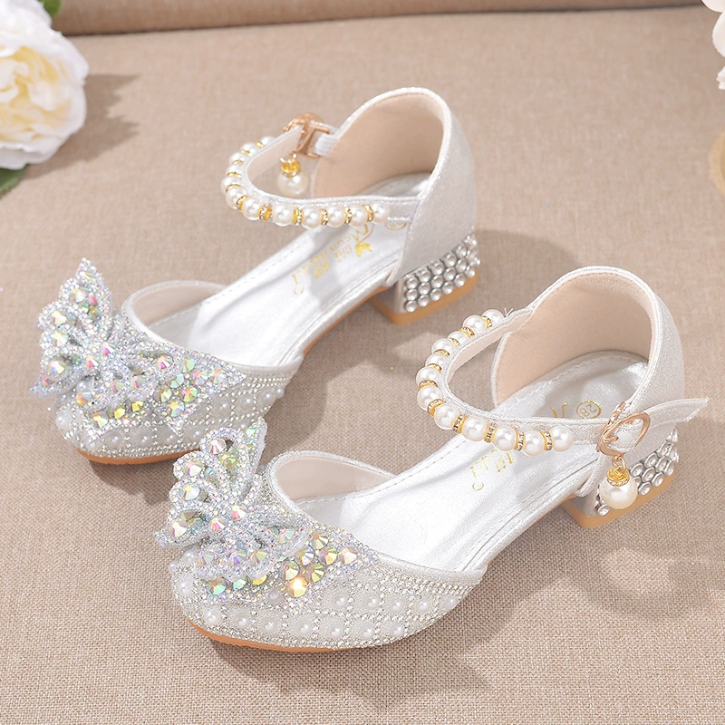 2023 новые летние туфли принцессы для девочек в Корейском стиле детские туфли на высоком каблуке со стразами для маленьких девочек с кристаллами платье на носке