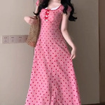 法式复古红色波点连衣裙女夏季新款蕾丝拼接收腰显瘦蝴蝶结长裙子