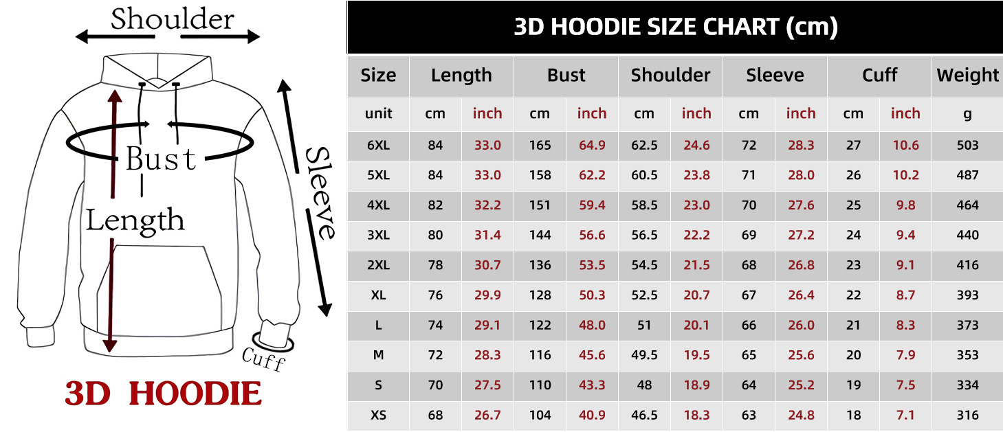B782 3D HOODIE 全英文 厘米和英寸 英寸红色