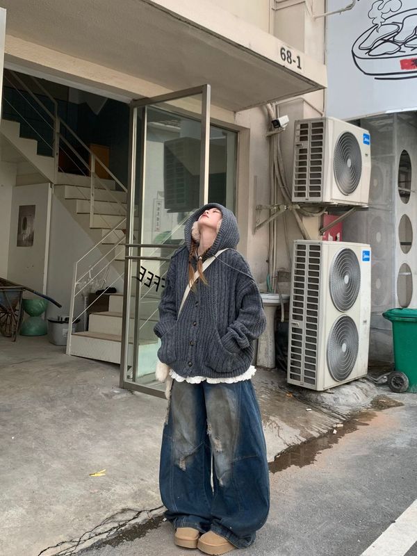 毛衣女开衫外套设计感小众宽松复古慵懒风口袋连帽百搭针织衫上衣|undefined
