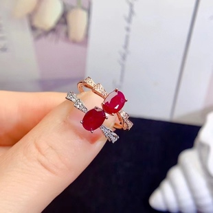 S925 silver inlaid ruby female ring explosion fashion simple main stone size 5*7