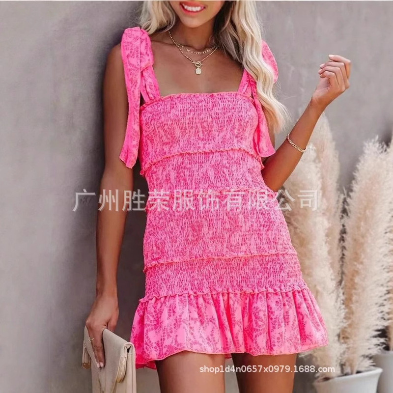In Stock 2025 New Foreign Trade Cross-Border Summer Spaghetti Strap Square Neck Ruffle Tie Mini Pleated Dress for Women In Stock 2025 New Foreign Trade Cross-Border Summer Spaghetti Strap Square Neck Ruffle Tie Mini Pleated Dress for Women