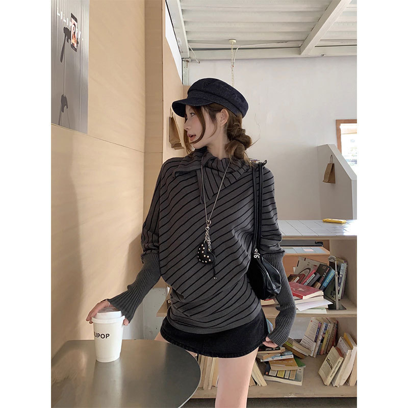 Morning Collar [Original Quality] Batwing Sleeve Design Striped Patchwork Long Sleeve T-Shirt for Women, New Autumn Niche Style