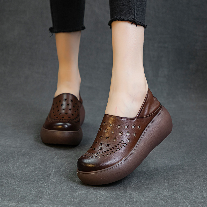 2025 Summer Genuine Leather Sandals for Women, Thick-Soled Clogs with Wedge Heels, First Layer Cowhide, Vintage Cotton-Linen Style, National Style, Retro Style