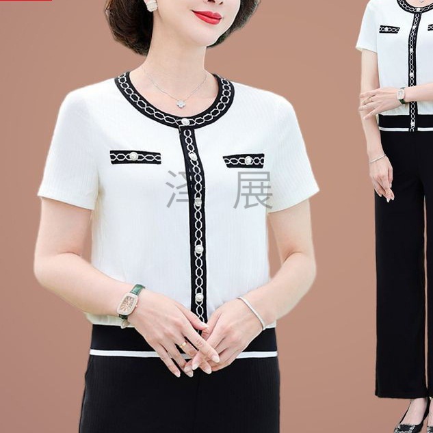 Z澤6中年妈妈洋气夏装新款时尚风短袖T恤两件套中老年运动服女夏