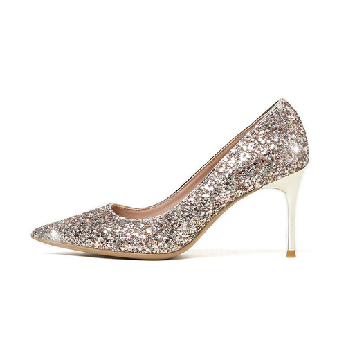 New French Champagne Color Bridal Shoes, Wedding Shoes with Crystal Glitter, Slip-On Glitter Pointed-Toe High Heels, Mother-of-the-Bride Shoes with Thin Heels
