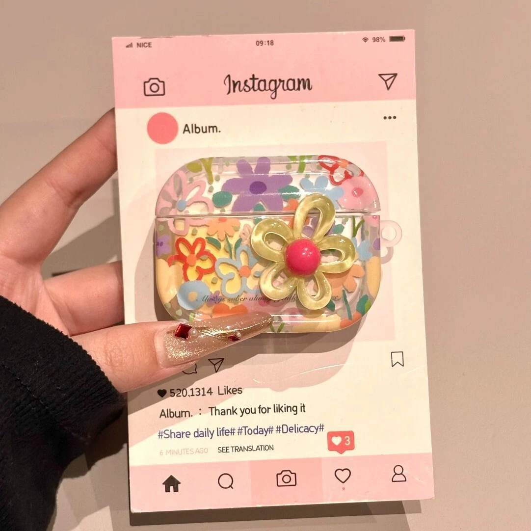 Чехол‑защита для AirPods (1–4, Pro/Pro2/Pro3) — летний цветочный силикон с подвеской (опция)
