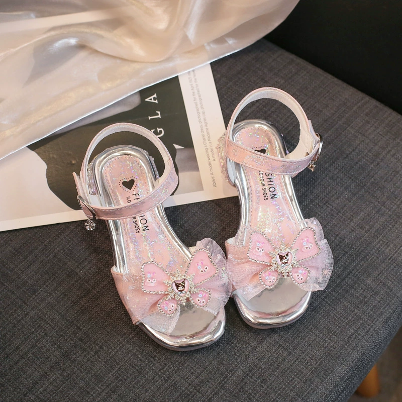 Принцесса сандалии для девочек бант со стразами 2024 летний новый стиль среднего и старшего возраста нескользящая танцевальная обувь маленькая девочка принцесса обувь