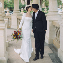 法式缎面轻婚纱新娘气质简约长袖复古鱼尾出门纱冬季结婚迎宾礼服
