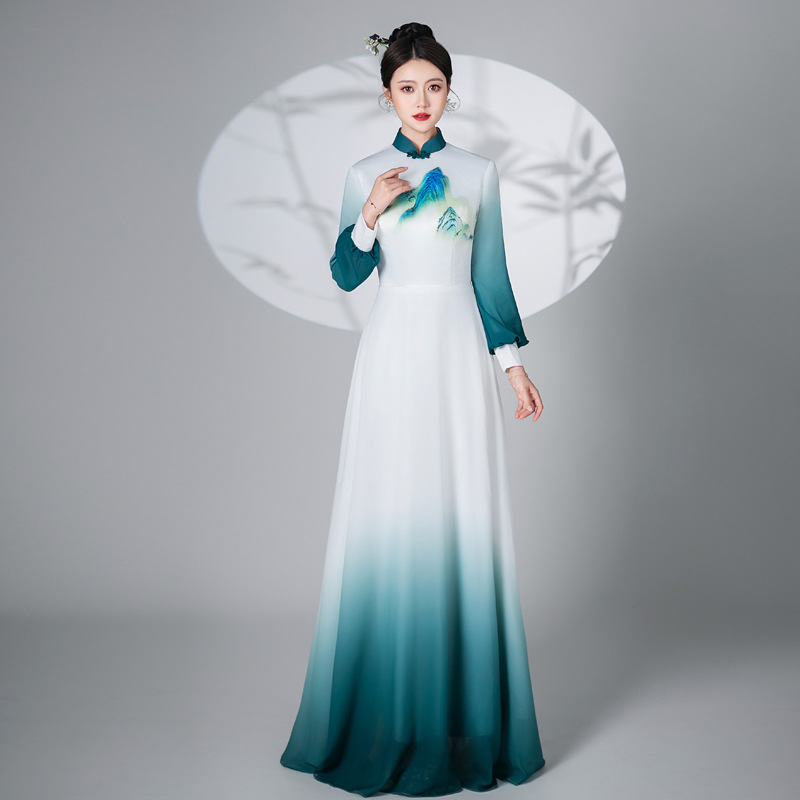 Adult Chorus Performance Clothing White Long Skirt Female Chinese Style Red Song Competition Poetry Recitation Performance Clothing Long Sleeves