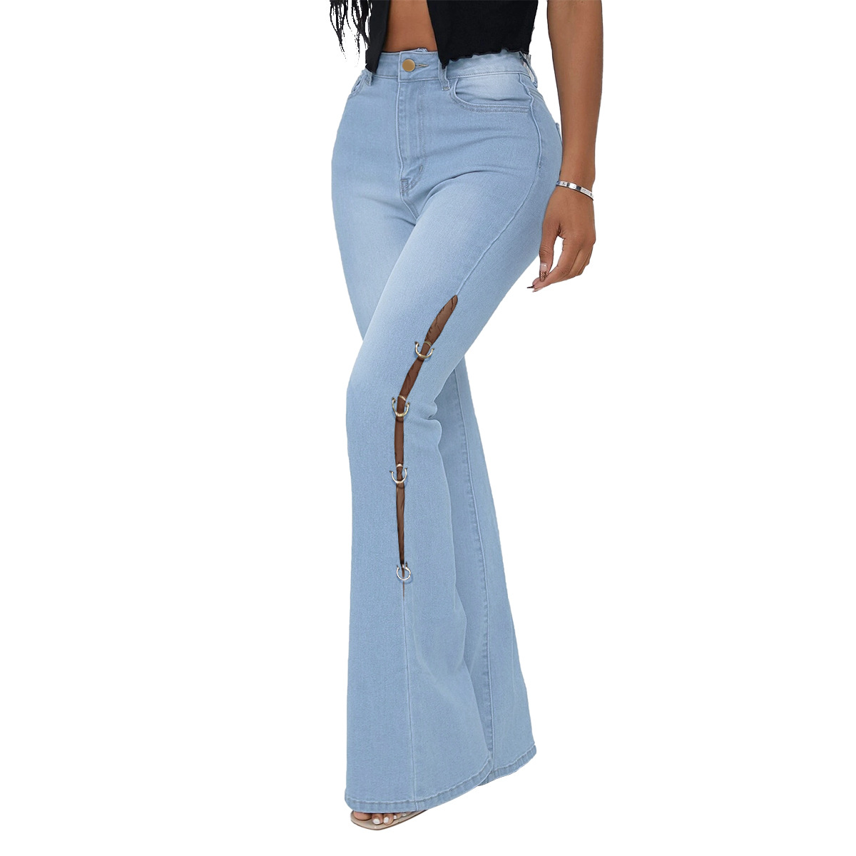 metal ring decorative ripped jeans nihaostyles clothing wholesale NSWL85329