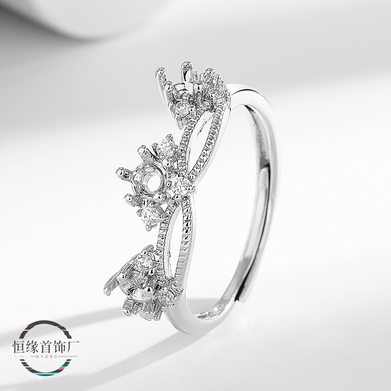 跨境爆款女戒指空托3主石铜排戒托diy镶嵌翡翠华子钻托仿S925银托