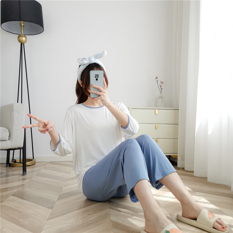 Modal Pajamas Women's Summer 2023 New Color Contrast Short-sleeved Capri Pants Large Size Home Clothes Two-piece Suit Fashionable