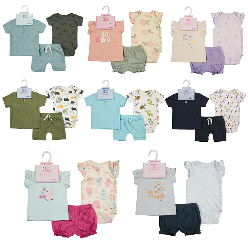 Foreign Trade Summer Baby T-Shirt for Boys and Girls, Three-Piece Suit, Cute Printed Waffle 3Pcs