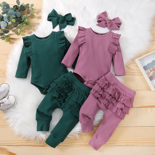 Set of 3 for Autumn Girls: Ribbed Pleated Long-Sleeve Bodysuit and Pants Set with Bow Ties