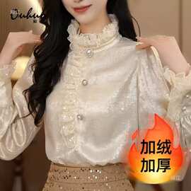 （加绒）长袖衬衫内搭叠穿女秋冬新款秋冬加绒法式上衣设计感