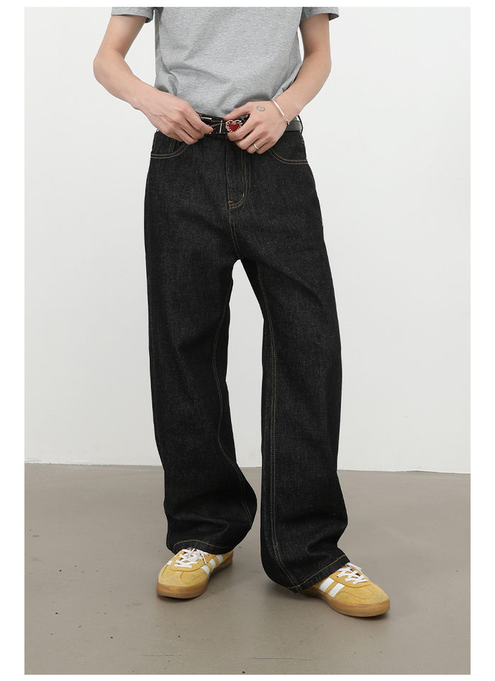 Quần jean nam ống rộng lưng giữa form suông thoải mái phong cách cơ bản — Denim đen, màu xanh denim chi tiết 7
