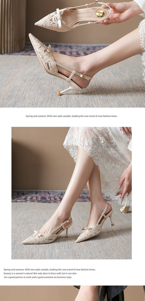 Sandal cao gót mũi nhọn bít mũi quai hậu thêu ren nơ, gót mảnh 6–8 cm — Màu be, màu đen chi tiết 8
