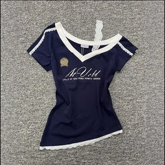 アメリカンホットガールVネック半袖Tシャツレディース夏ハイエンドレースステッチ右肩スリムフィットショートトップトレンディ