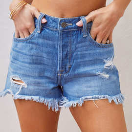 2023新款亚马逊 WISH跨境电商潮流破洞提臀 高腰女装牛仔短裤