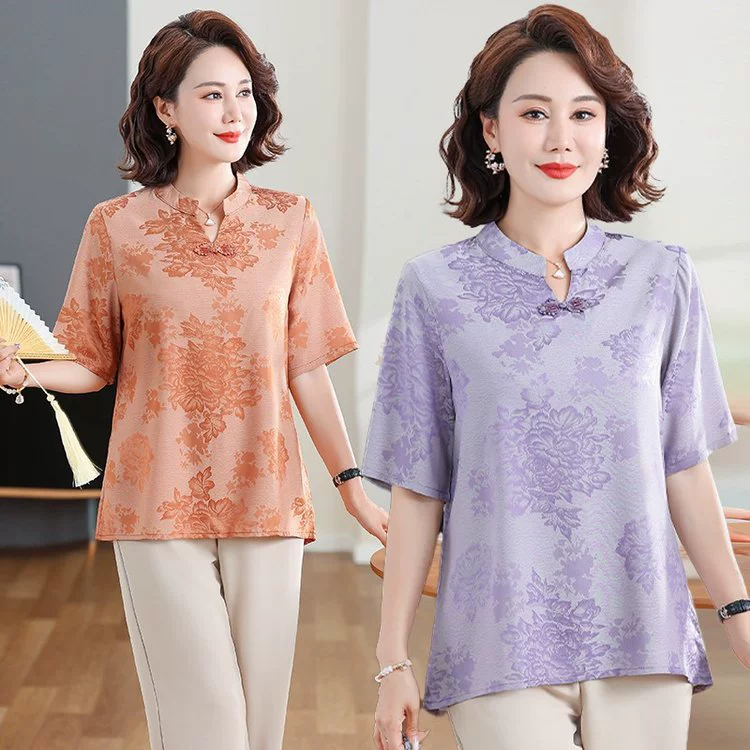 Новая летняя жаккардовая элегантная утягивающая универсальная женская футболка больших размеров в китайском стиле для женщин среднего возраста с традиционным китайским дизайном.