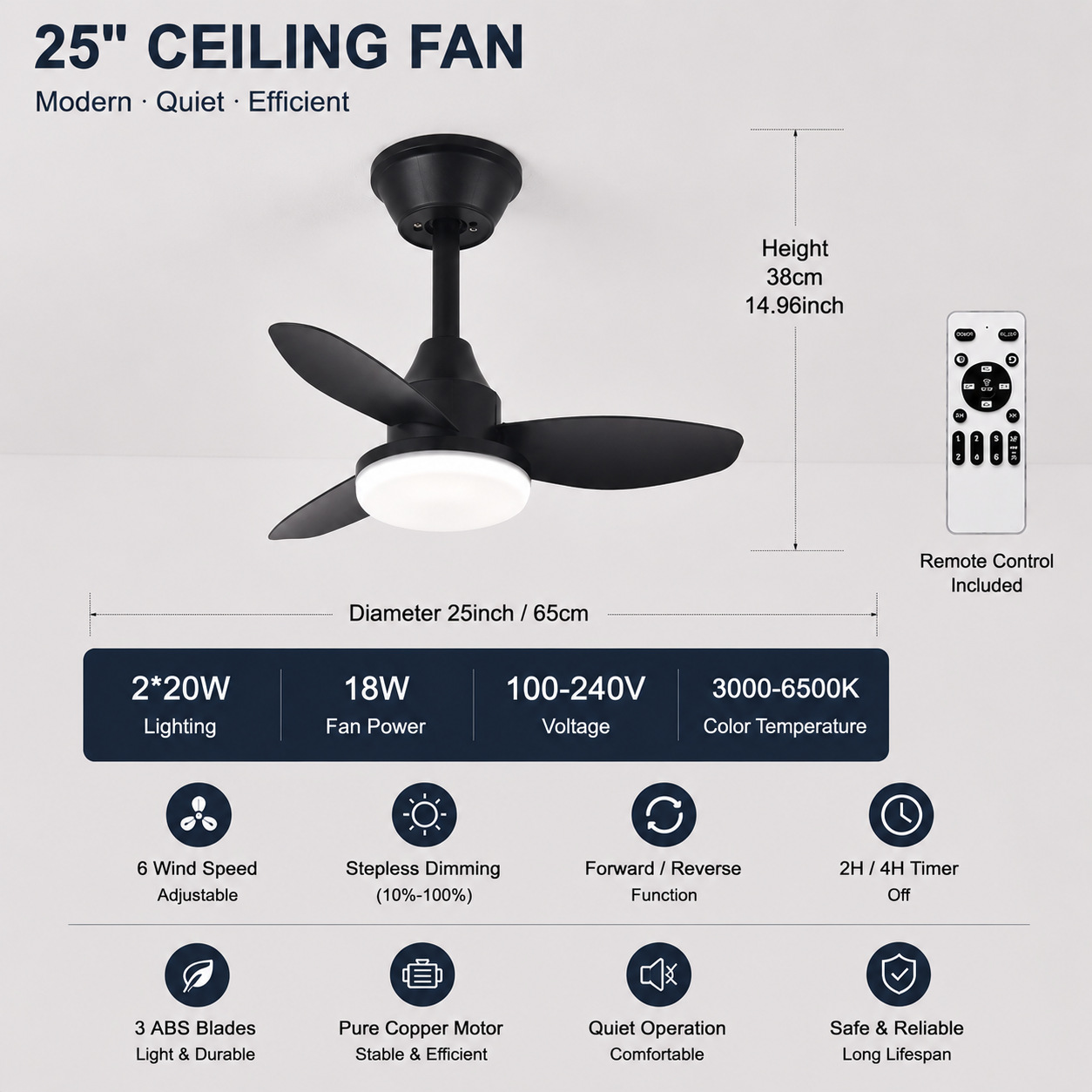 Ventilador de Techo Retro con Luz de Acrílico y ABS con Control Remoto para Sala de Estar y Comedor