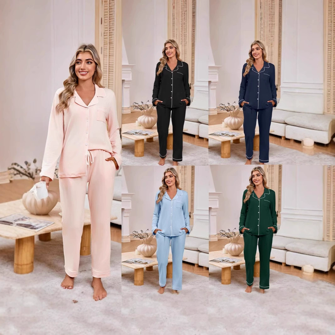 Настоящая фотография европейской и американской женской новой домашней одежды Amazon, карманный кардиган на пуговицах, костюм с длинными рукавами, удобная домашняя одежда