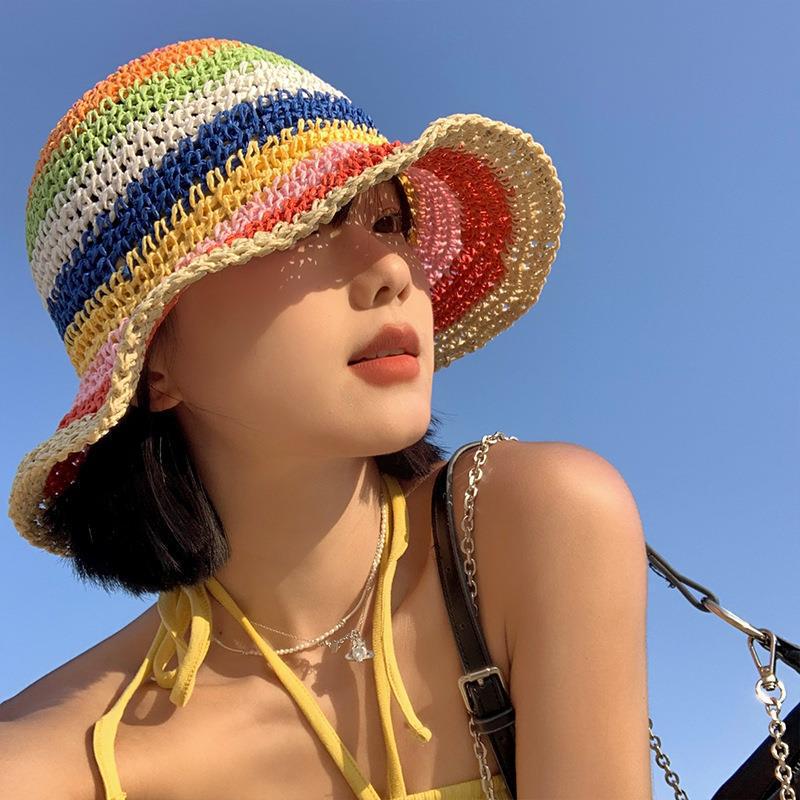 パンパン雅風虹草編み漁師帽女性夏通気日焼け止めバケツ帽韓国版顔小草帽子卸売り|undefined