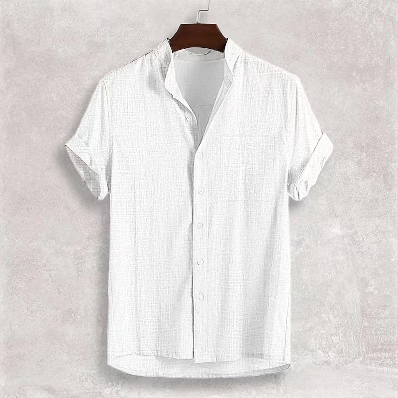 Cross-Border Amazon Popular Summer Men's Short-Sleeved Cotton and Linen Shirts, Comfortable and Casual Stand-Up Collar Cardigans, Solid Color Shirts for Men