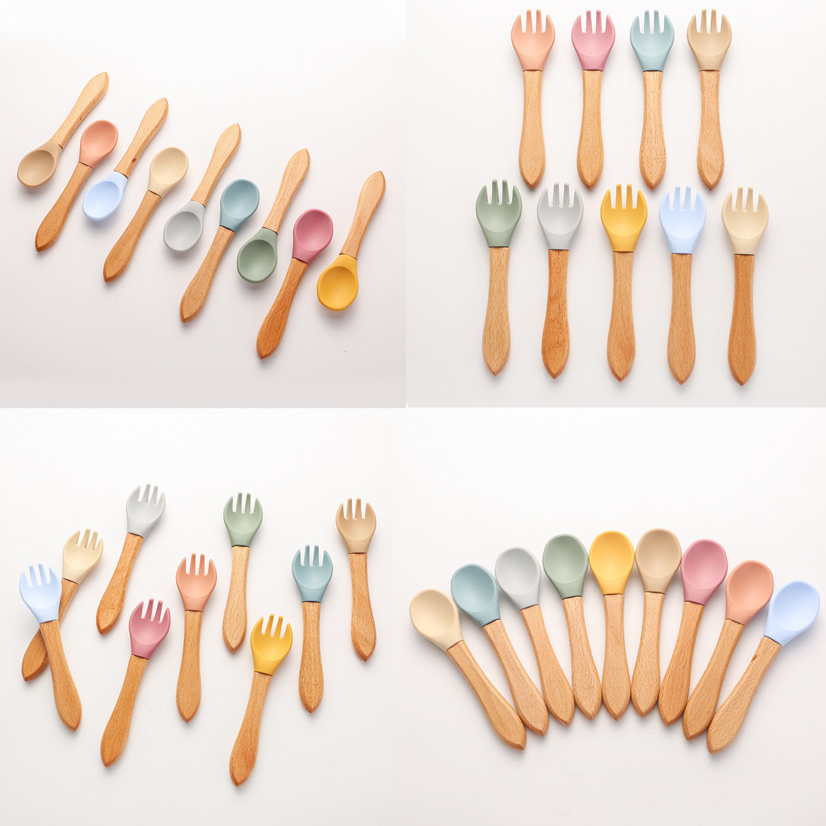 Maternal and Child tableware fork spoon suit children feeding eating spoon Fork wooden handle silicone fork spoon in stock manufacturer