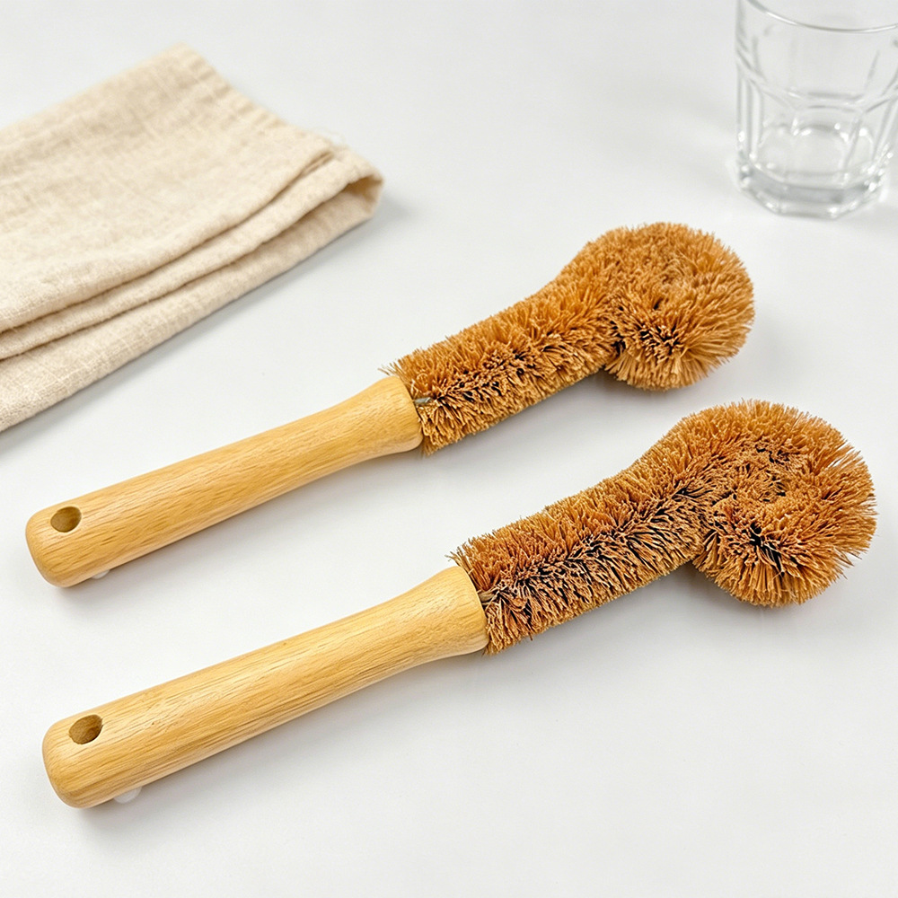 Cepillo de limpieza diaria para cocina con mango de madera, cepillo para vasos de coco, herramienta de limpieza de vidrio con mango largo para uso doméstico.