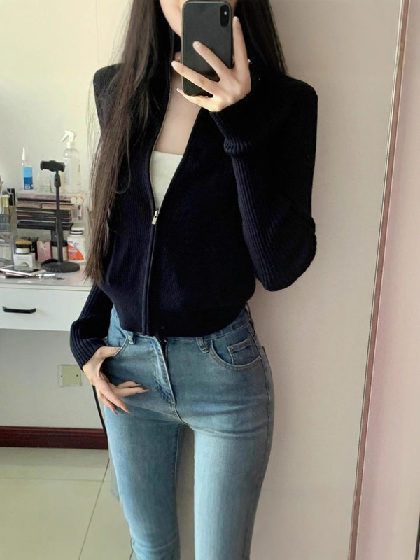 韩版软糯拉链针织衫女士秋冬新品内搭休闲学院风毛衣外套卫衣上衣|undefined