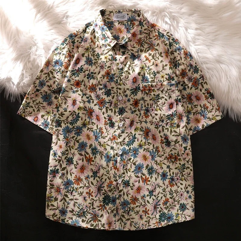 Summer Pastoral Daisy Floral Short-Sleeved Shirt for Men and Women, Hawaiian Vacation Style Beach Ins Short-Sleeved Shirt Summer Pastoral Daisy Floral Short-Sleeved Shirt for Men and Women, Hawaiian Vacation Style Beach Ins Short-Sleeved Shirt
