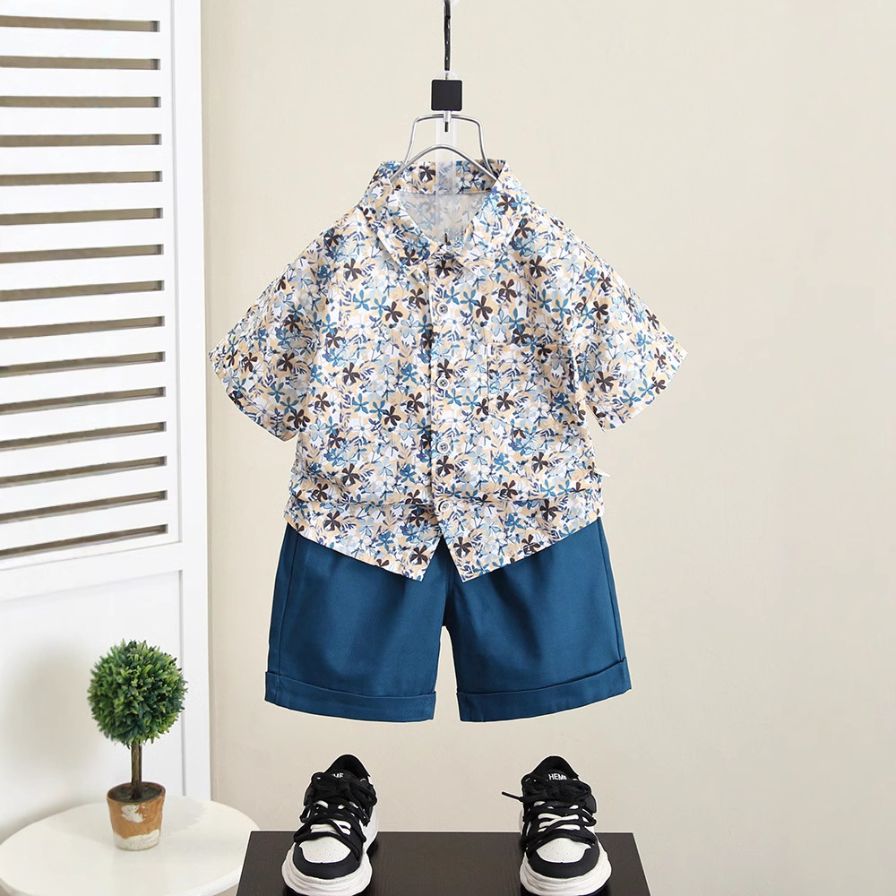 7917 Traje de verano para niños 2025 Nuevo estilo Camisa de playa floral de verano para bebés Traje de dos piezas de manga corta para niños
