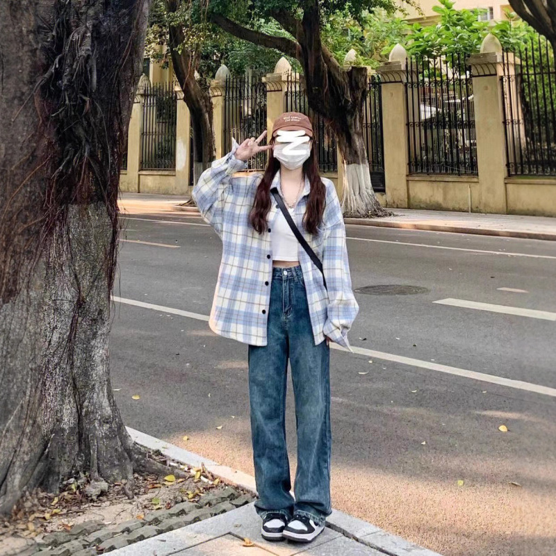 厚款毛尼料蓝格子衬衫女装2025秋季新款港风元气时尚长袖上衣外套|undefined