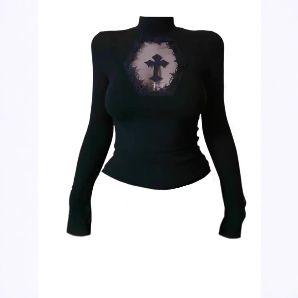 Diablo Gothic Cross Hollow-out Micro-turtleneck Spice Girls Women's Clothing Spring Subculture Inner Wearing Street Top