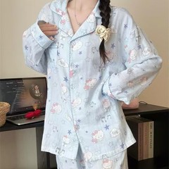 甜美蓝色Kitty猫睡衣女春秋季长袖长裤套装日系ins风美少女家居服