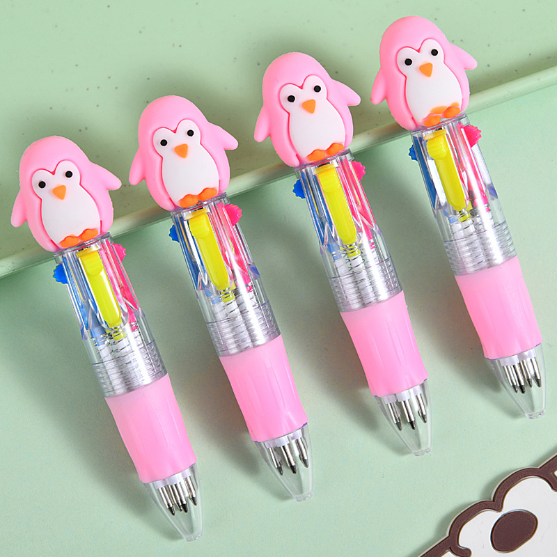 Caricatura de pingüinos lindos mini bolígrafo de cuatro colores multicolor en uno bolígrafo de cuentas de mano de color para estudiantes premios papelería al por mayor
