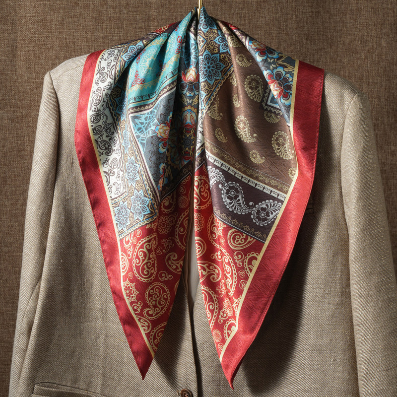 Dunhuang Red Paisley Silk Scarf 70% Imitation Silk Small Square Scarf for Women, Ethnic Style Headscarf, Neck Protection, Double-Sided Scarf for Spring and Autumn