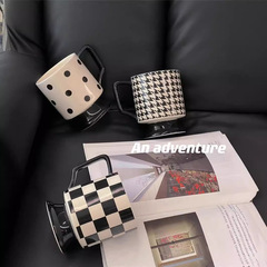 黑白棋盤格馬克杯陶瓷咖啡杯帶手柄大容量簡約早餐牛奶杯情侶水杯