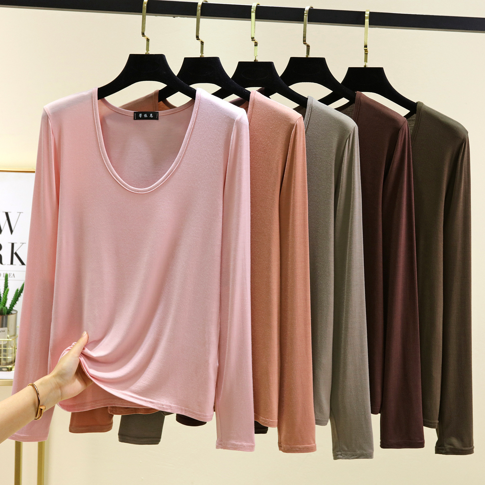 Modal Oval Collar Long-sleeved Base Shirt Spring and Autumn Thin Fashionable T-shirt Slim-fit Stylish Inner Autumn Clothes Women's Top