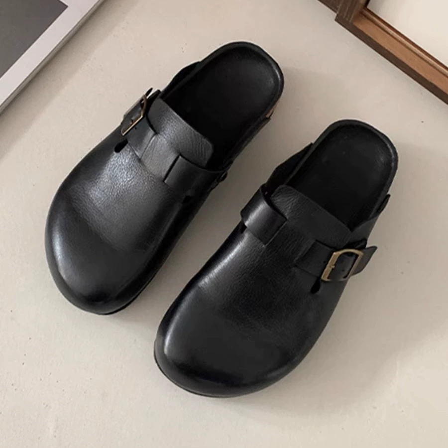 Коровья кожа версия ~ Кожаные женские туфли Половина тапочек женские толстые подошвы носить обувь боскен сандалии