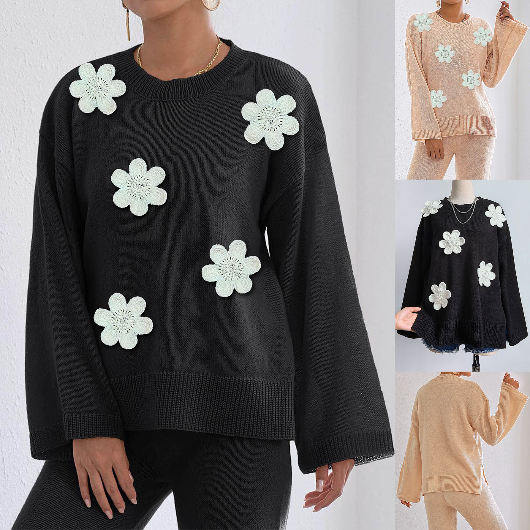 跨境欧美立体刺绣钉珠花朵拼接秋冬宽松休闲纯色长袖上衣圆领毛衣